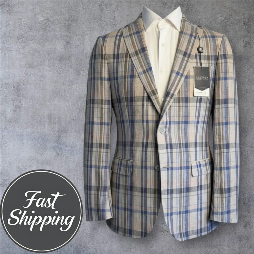 RALPH LAUREN Mens Blazer Sport Coat Two Button Jacket 44L Blue/Beige Linen Suits